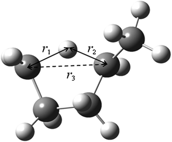 Three intra-atomic distances r1, r2 and r3 used to calculate the weight function (set s) for Shepard interpolation.