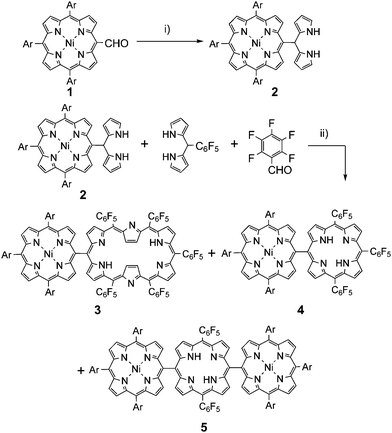 Synthesis of meso-meso singly linked porphyrin–hexaphyrin hybrid 3. Conditions: i) pyrrole, TFA; ii) BF3·OEt2, CH2Cl2, 30 min, room temperature, then DDQ, 1 h. (Ar = 3,5-di-tert-butylphenyl)