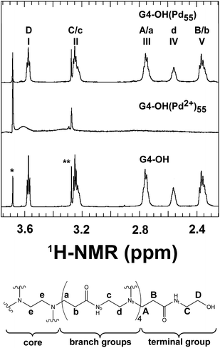 (Top) 1H NMR spectra of G4–OH, G4–OH(Pd2+)55, and G4–OH(Pd55). The peak marked with a single asterisk arises from the dioxane internal standard, and the peak marked with a double asterisk arises from residual methanol. (Bottom) Schematic representation of G4–OH indicating the lettering scheme used to identify the methylene and nitrogen groups. Reprinted with permission from ref. 20. Copyright 2009 American Chemical Society.