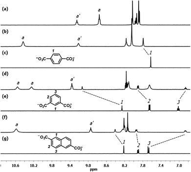 
          1H NMR spectra (400 MHz, 293 K, DMSO-d6) of (a) 1, (b) 1·terephthalate, (c) terephthalate, (d) 1·isophthalate, (e) isophthalate, (f) 1·2,6-naphthalenedicarboxylate, (g) 2,6-naphthalenedicarboxylate.