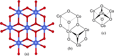 
            Co-phosphate (Co-phos) water oxidation catalysts: (a) structural model derived from X-ray-spectroscopy of catalytic, edge-sharing molecular cobaltate clusters according to ref. 11c. The Co ions are shown in blue. Bridging oxygen atoms are depicted in red. (b) Structural arrangement of the surface of the clusters. (c) The overall cubane structural motif of this water oxidation catalyst.