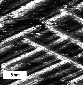 
            STM image of a physisorbed multilayer of cis-1 performed under atmospheric conditions at the 1-octanoic acid–HOPG interface. (a) Iset = 1.50 nA, Vbias = −0.32 V, constant height.