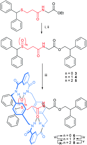 Synthesis of sulfur-containing hydrogen bonded [2]rotaxanes 6–8. Reagents and conditions: (i) diphenylethanol (1.0 equiv.), bis(chlorodibutyltin)oxide (cat.), toluene, reflux, 8 h, 88% (3); (ii) MCPBA, CHCl3, −20 °C, 90 min, 70% (4, 1.0 equiv. MCPBA), 98% (5, from 4: 1.0 additional equiv. MCPBA); (iii) isophthaloyl dichloride (five-fold excess), p-xylylenediamine (five-fold excess), Et3N (ten-fold excess), CHCl3, RT, 4 h, 12% (6), 43% (7), 10% (8); (iv) MCPBA (1.0 equiv.), CHCl3, −20 °C to RT, 90 min., 95%; (v) MCPBA (1.0 equiv.), CHCl3, −20 °C to RT, 90 min., 97%; (vi) Lawesson's reagent (1.0 equiv.), THF, −20 °C to RT, 1 h, 87%.