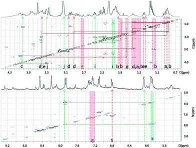 Major differential features between cancer and normal cell types determined with SAM. Indicated in the figure are significantly higher intensity features in cancer cell types (green) and in normal cell types (red). The major features are shown against a TOCSY experiment background. Metabolite assignments for these major significantly different features are listed in Table 2A.