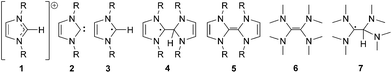 Imidazolium ions, N-heterocyclic carbenes, electron-rich olefins and related radicals.