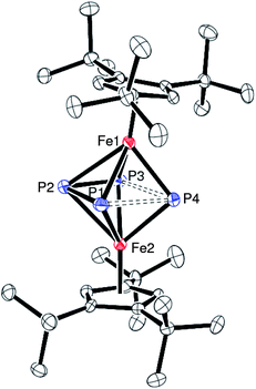 ORTEP diagram of 4 (thermal ellipsoids set at 50% probability). Hydrogen atoms have been omitted for clarity. Selected bond distances (Å) and angles (deg): Cp1(cent)-Fe(1) 1.71, Cp2(cent)-Fe(2) 1.71, Fe(1)-P4(cent) 1.62, Fe(2)-P4(cent) 1.62, Fe(1)-P(1) 2.3167(9), Fe(1)-P(2) 2.4526(10), Fe(1)-P(3) 2.2829(9), Fe(1)-P(4) 2.1913(10), Fe(2)-P(1) 2.2889(9), Fe(2)-P(2) 2.4526(10), Fe(2)-P(3) 2.3201(9), Fe(2)-P(4) 2.1893(10), P(1)-P(2) 2.12311(13), P(2)-P(3) 2.1371(13), P(3)-P(4) 2.5322(12), P(1)-P(4) 2.5314(12), Fe(1)⋯Fe(2) 3.1822(6), Cp1(cent)-Fe(1)-P4(cent) 172.96, Cp2(cent)-Fe(2)-P4(cent) 172.45, Fe(1)-P4(cent)-Fe(2) 157.3.