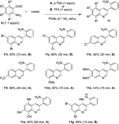 Reactions of indole with various aminobenzaldehydes.