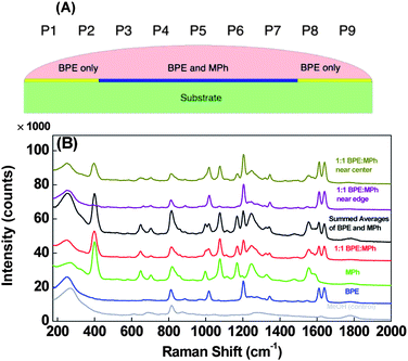 A) Cross sectional diagram of the BPE: MPh droplet spreading on the AgNR substrate and the possible spatial distribution of the resulting films of analyte BPE and MPh. The approximate locations P1 through P9 are labelled here as a reference. B) Average SERS spectra for methanol, BPE, MPh, and 1 : 1 BPE:MPh mixture. The artificially summed SERS spectrum of MPh and BPE and the SERS spectra of the mixture sample at different substrate location are also shown. Spectra are offset for clarity.