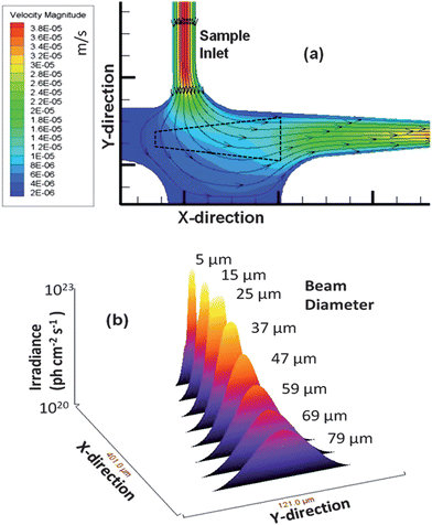 (a) Simulation of the flow velocities and flow vectors of the fluid as it moved from the input channel into the detection zone (units are m s−1). The simulation was run using Fluent software with quad element meshing and 80,000 nodes performed in Gambit. An outline of the probe volume as determined from Fig. 2(b) is shown as well (black dotted line). (b) 3D surface plot of the detection zone versus the irradiance experienced by single fluorescent entities as they traverse through the probe volume. The irradiance decreased as the beam expanded and thus, single fluorescent entities traveling along the edges of the Gaussian intensity profile show reduced photon fluxes.