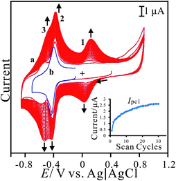 (a) Repeated cyclic voltammograms of PNR/FAD electro-codeposition using GCE in 0.1 M PBS (pH 7) containing 2.5 × 10−5 M NR and 5 × 10−5 M FAD. (b) Cyclic voltammogram of 5 × 10−5 M FAD in 0.1 M PBS (pH 7) using bare GCE, scan rate = 0.1 V s−1. Inset shows the plot of the current of cathodic peak 1 versus scan cycles.