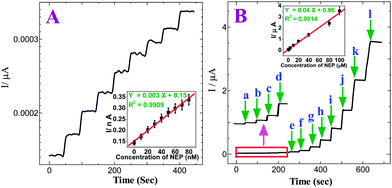 
            (A) Amperometric i–t curve for the determination of NEP at p-AMTa electrode in 0.2 M PB solution (pH 7.2). Each addition increases the concentration of NEP by 10 nM at a regular interval of 50 s. Eapp = +0.4 V. Inset: Plot of concentration of NEPvs. current. (B) Amperometric i–t curve for the increment of (a) 0.01 (b) 0.1 (c) 0.2 (d) 0.4 (e) 0.8 (f) 2 (g) 4 (h) 10 (i) 20 (j) 40 (k) 80 and (l) 100 μM NEP at p-AMTa electrode in 0.2 M PB solution (pH 7.2) at a regular interval of 50 s. Eapp = +0.4 V. Inset: Plot of concentration of NEPvs. current.