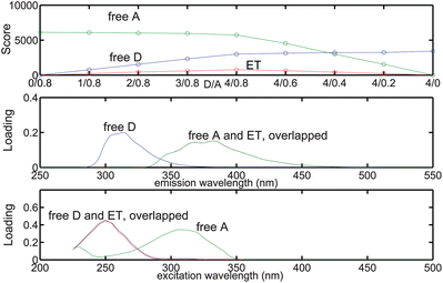 Relative concentration and spectral profiles of the components recovered by a 3-component PARAFAC model fitted to the micellar EEMs.