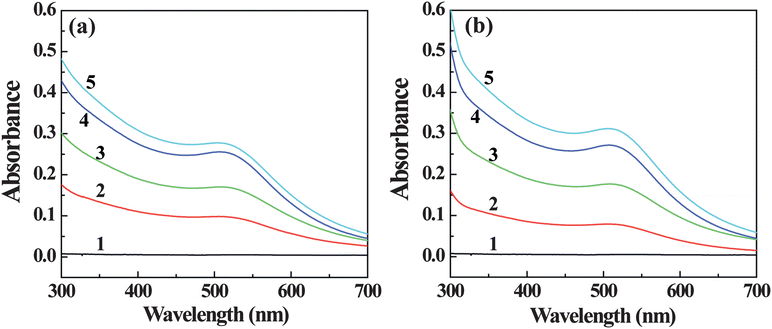 UV-Vis spectra of G5.NH2 dendrimers (1) and {(Au0)25-G5.NH2} (2), {(Au0)50-G5.NH2} (3), {(Au0)75-G5.NH2} (4), and {(Au0)100-G5.NH2} (5) DENPs in PCR buffer solution before (a) and after the PCR process (b).