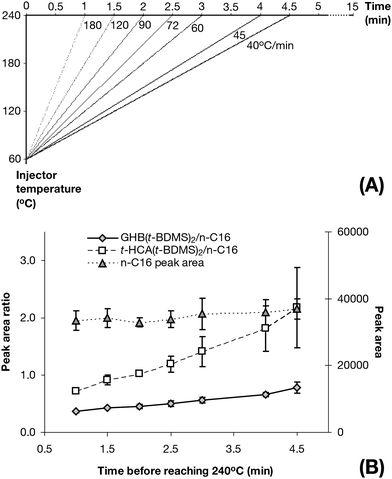 Injector temperature ramp optimisation. (A) Injector temperature programs utilised for determining the optimum injector temperature ramp associating temperature ramps and time to reach 240 °C. (B) GHB(t-BDMS)2 and t-HCA(t-BDMS)2 yield ratios and n-C16 peak area as a function of time to reach 240 °C (n = 18).