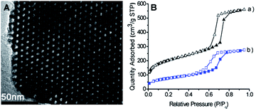 (A) TEM image of BODIPY-SiO22. (B) Nitrogen adsorption–desorption isotherms of (a) mesoporous silica and (b) BODIPY-SiO22.