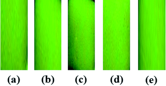 Photograph of fluorescence changes of BODIPY-SiO22 after immersion of Pb2+ (10 μM) at different pH values: (a) pH 3, (b) pH 5, (c) pH 7, (d) pH 9 and (e) pH 11.