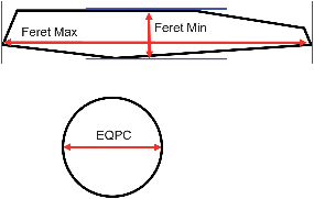 Schematic representations of the size descriptions used for image analysis of the COA and Avicel data sets. The EQPC diameter is estimated as the diameter of a sphere with the same 2-dimensional area as the projected particle in the recorded image. The Feret Max and Feret Min diameters are the longest and shortest distances, respectively, between two parallel tangents on opposite sides of the projected particle.