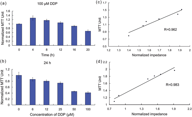 Confirmation of apoptosis by independent MTT assays. (a)–(b) MTT values measured with DDP at different concentrations and exposure times. (c)–(d) Correlation analysis between MTT assays and cellular impedance.