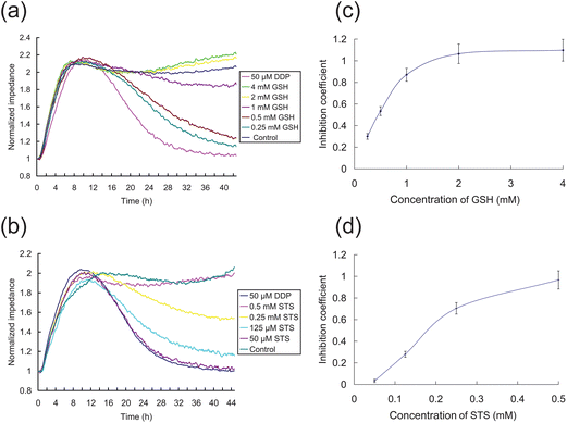 ECIS measurement of the effects of antagonists on DPP-induced toxicity of HK2 cells. (a)–(b) Impedance curves of detoxification by GSH and STS, respectively. The 50 μM DDP group in DF12 medium containing 50 μM DDP, and the control group is in DF12 medium containing 4 mM GSH (a) or 0.5 mM STS (b). The other groups are dissolved in the DF12 medium with 50 μM DDP. The GSH/STS concentrations are indicated. (c–d) The inhibition coefficients of GSH and STS after 24 h treatment are shown, respectively.