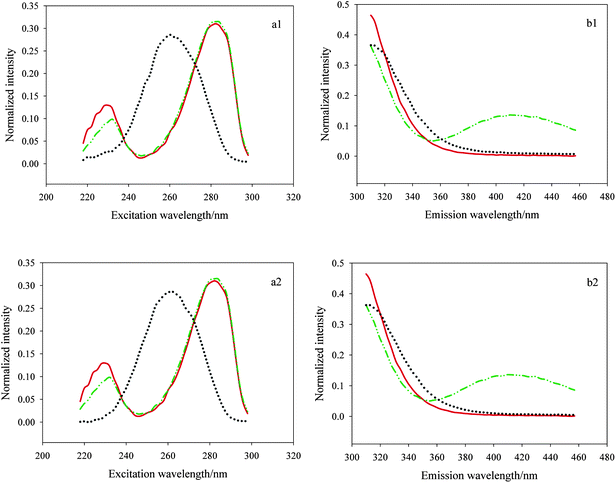 Actual excitation and emission spectral profiles of estriol (E3), estrone (E1) and pure diluted watermelon frost anti-acne toner (a1, b1) as well as E3, E1 and pure diluted pagoda flower relaxing lotion (a2, b2) from SVD decomposition.