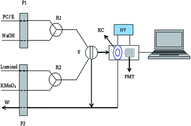 Scheme of the FIA-CL system. E – ethanol solution (0.1% v/v); P1 P2 – pump; R1 R2 – reaction tube; V – eight-port value; RC – reaction cell; W – waste; HV – high voltage; PMT – photomultiplier tube.