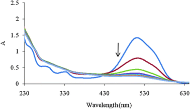 Spectra of mixture solution during Fenton process with 2 min intervals. Initial concentrations of MR, AR 27, H2O2 and Fe(ii) were 4 mg L−1, 40 mg L−1, 6 mg L−1 and 2 mM, respectively.