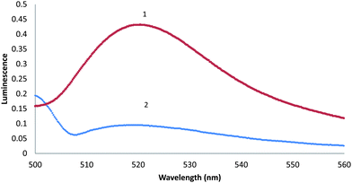 
            Emission spectra of 300 μmol L−1fluorescein in acetone (pH = 6.1) (1) and in buffer solution (pH = 8.3) (2) at 25 °C.