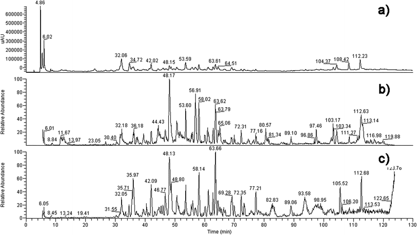 The chromatography (a), total ion current graph (−) (b) and total ion current graph (+) (c) of the compositions of the extract of B. papyrifera.