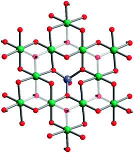 Crystal structure of BaNi3(OH)2(VO4)2. Green, purple, and red spheres represent Ni, V, and O atoms, respectively. Hydrogen and barium atoms have been removed for clarity and the central hydroxides faded to emphasize the kagomé lattice and demonstrate the two coupling pathways, through the μ3-hydroxide (at the center of the Ni3 triangles) and through the μ2-oxo (along the edges of the Ni3 triangles).