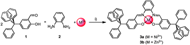 One-pot three component reaction of salicylaldehyde 1, o-phenylene diamine 2 and metal(ii) ions to metal salphen complexes 3a and 3b, respectively. (i) Ethanol, 95 °C, 1d; yields: 82% (3a); 69% (3b).