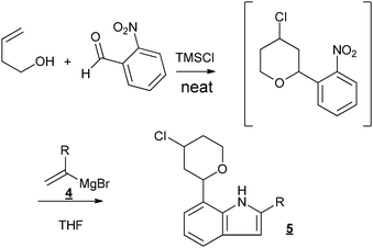 Sequential Prins cyclization–Bartoli reaction.