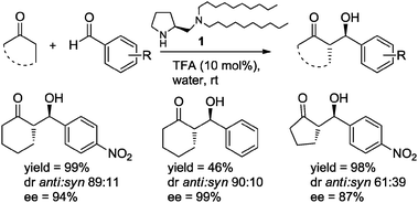 Aldol reactions catalyzed by diamine 1–TFA in water.9