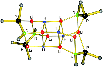 Crystal structure of (LiH)4 sandwiched between two [Ph2P(Ph)NLi] dimers by Stasch38 (only the Cipso atoms of the Ph groups are shown).