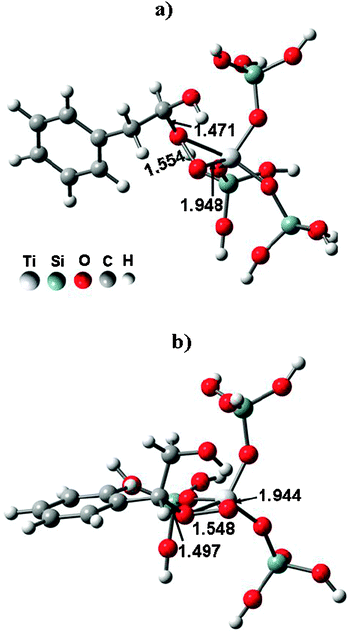 The optimized structures of hemiacetal (a) and glycol (b) species bound to the framework of TS-1 zeolites. (Adapted with permission from ref. 148. Copyright 2004 Wiley-VCH).