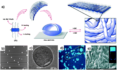 (a) Schematic representation of the self-assembly process of 35; (b) AFM tapping mode height images of 35 in decane; (c) HR-TEM image of a sphere of 35 from decane; (d) optical microscopic picture of 35 (1 × 10−4 M in decane) under UV illumination (λ = 365 nm); (e) SEM image of 35 gel (3.4 × 10−3 M) in decane. Inset: photograph of the gel in decane under UV illumination (λexc = 365 nm). (Adapted with permission fromref. 161. Copyright 2006, Wiley-VCH.)