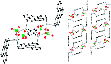 Solid state structure of the tetranuclear species [Ag4(bpyr)4(p-xylene)(ClO4)4] (left) and arrangement of the stacking polymer (right).