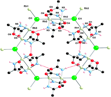 Honeycomb structure of [{Rh2(acam)4}3(μ3-Cl)2]n·4nH2O, some of the hydrogen atoms have been omitted for clarity.