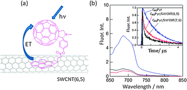 (a) Structure of C60Pyr/SWCNT(n,m)s, where (n,m) = (6,5) and (7,6), and (b) fluorescence spectra and time profiles of the C60 moiety in the 600–700 nm region in DMF; blue = C60Pyr, red = C60Pyr/SWCNT(6,5) and black = C60Pyr/SWCNT(7,6). Modified from ref. 52.