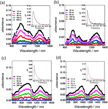 Nanosecond transient absorption spectra observed by the 532 nm (ca. 3 mJ per pulse) laser irradiation in Ar-saturated DCB. Inset: absorption-time profile. (a) SWCNT(6,5)˙−/PyrIm→ZnP˙+, (b) SWCNT(7,6)˙−/PyrIm→ZnP˙+, (c) SWCNT(6,5)˙−/PyrIm→ZnPc˙+ and (d) SWCNT(7,6)˙−/PyrIm→ZnPc˙+. Modified from ref. 54.