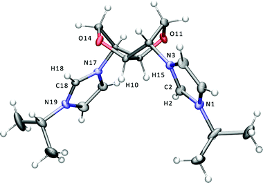 Displacement ellipsoid plot at the 50% probability level of the bis-imidazolium cation of 4I. The iodide anions are omitted for clarity. Selected bond lengths (Å) and angles (°): N1–C2 1.333(5), C2–N3 1.341(5), N17–C18 1.331(5), C18–N19 1.329(5), N1–C2–N3 109.3(4), N17–C18–N19 109.5(3).