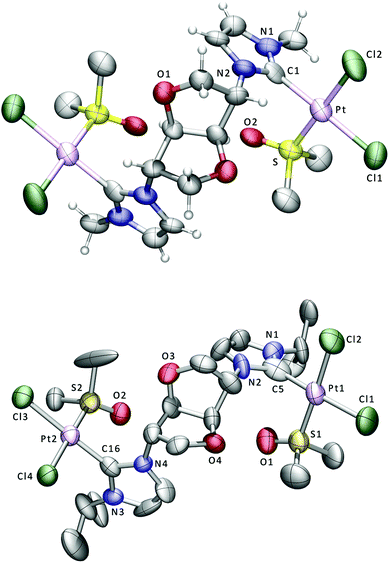 Displacement ellipsoid plots at the 50% probability level of the platinum complexes 8 (above) and 9; for clarity only some of the H atoms are shown. Selected bond lengths (Å) and angles (°) for 8: Pt–Cl(1) 2.361(8), Pt–Cl(2) 2.305(8), Pt–S 2.205(7), Pt–C(1) 1.98(2), Cl(1)–Pt–Cl(2) 90.0(3), Cl(1)–Pt–S 90.4(3), Cl(1)–Pt–C(1) 176.1(8), Cl(2)–Pt–S 178.9(3), Cl(2)–Pt–C(1) 88.4(6), S–Pt–C(1) 91.2(6). Selected bond lengths (Å) and angles (°) for 9: Pt(1)–Cl(1) 2.335(4), Pt(1)–Cl(2) 2.328(4), Pt(1)–S(1) 2.189(4), Pt(1)–C(5) 1.948(14), Pt(2)–Cl(3) 2.338(4), Pt(2)–Cl(4) 2.306(4), Pt(2)–S(2) 2.190(4), Pt(2)–C(16) 1.88(2), Cl(1)–Pt(1)–Cl(2) 90.86(13), Cl(1)–Pt(1)–S(1) 90.88(14), Cl(1)–Pt(1)–C(5) 177.1(4), Cl(2)–Pt(1)–S(1) 175.60(14), Cl(2)–Pt(1)–C(5) 88.3(4), S(1)–Pt(1)–C(5) 90.2(4), Cl(3)–Pt(2)–Cl(4) 90.62(18), Cl(3)–Pt(2)–S(2) 91.02(18), Cl(3)–Pt(2)–C(16) 176.0(5), Cl(4)–Pt(2)–S(2) 178.04(16), Cl(4)–Pt(2)–C(16) 88.3(5), S(2)–Pt(2)–C(16) 90.1(5).