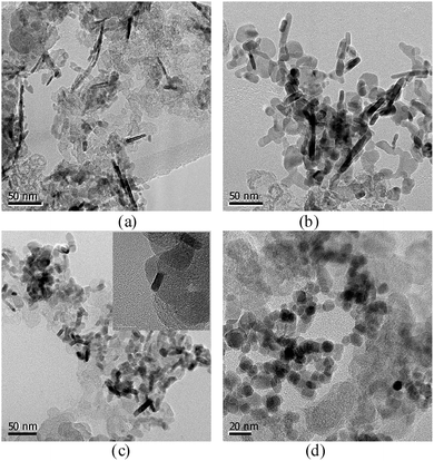 TEM images of the cobalt oxides Co3O4-10 (a), Co3O4-31 (b), Co3O4-11 (c) and Co3O4-13 (d).