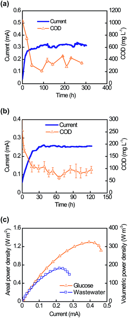 Performance of the plate-shaped MFC (PMFC) in continuous mode. Current generation and effluent COD values when the PMFC was continuously fed with glucose (a) or domestic wastewater (b). (c) Polarization curves of PMFCs showing the maximum power densities achieved with glucose and domestic wastewater.