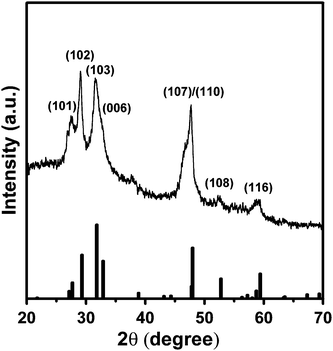 X-Ray diffraction (XRD) pattern of the 4-cycle SISCR CuS film indexed to the pure hexagonal phase. The standard pattern of CuS (JCPDS file no. 79-2321) is provided at the bottom.