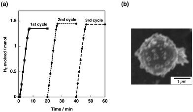 (a) Repetitive test (3 times) of hydrogen evolution by AB hydrolysis with Cu2O–Co3O4 [Cu2O/Co3O4 = 1/1 (w/w)]. (b) SEM image of Cu2O(50-facets) decorated with Co3O4 nanoplates after reaction (NH3BH3, 0.5 mmol; catalyst, 12 mg; water, 20 mL).