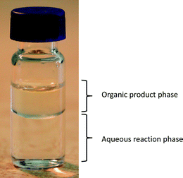 Photographic image of the phase separation between the precursor containing aqueous electrolyte solution and the organic product phase (n-octane) produced during the Kolbe reaction of 1 M valeric acid in an aqueous potassium carbonate solution.