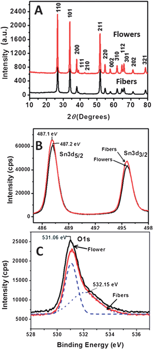 (A) XRD of flowers and fibers and XPS spectra showing core-level of (B) Sn and (C) O spectra.