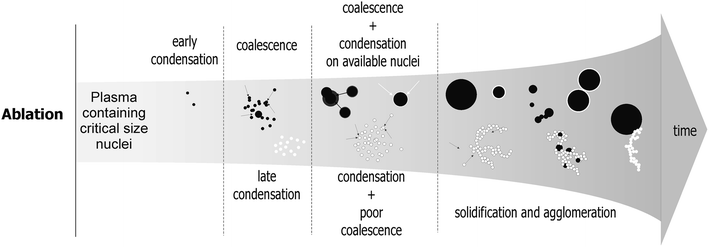 Illustration of the proposed model for particles growth in the expanding plasma plume, established on the basis of previous simulation of gas to particle conversion,23 and in situ observations from ablation of different initial samples in this study. Time is not indicated because it depends on different parameters, themselves dependent on the elements properties constituting the plasma as well as their combinations (see Discussion).