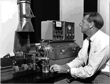 Sir Alan Walsh using his AA spectrometer with hollow-cathode lamp and laminar flame.