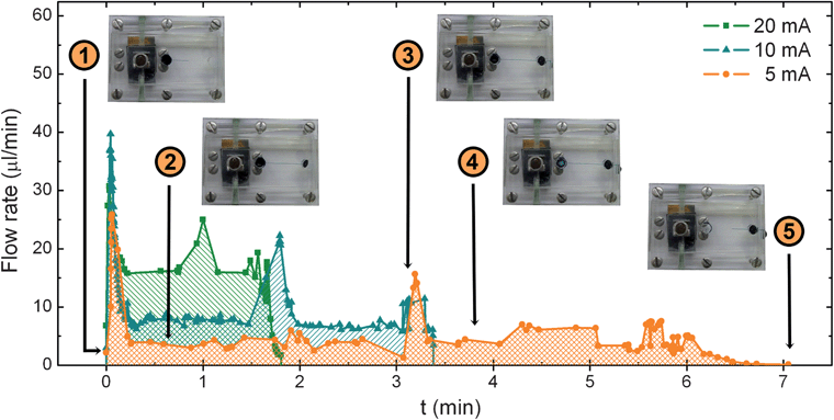 Evolution of the flow rate calculated from the particle velocimetry from the fuel cell working at three different electric currents.